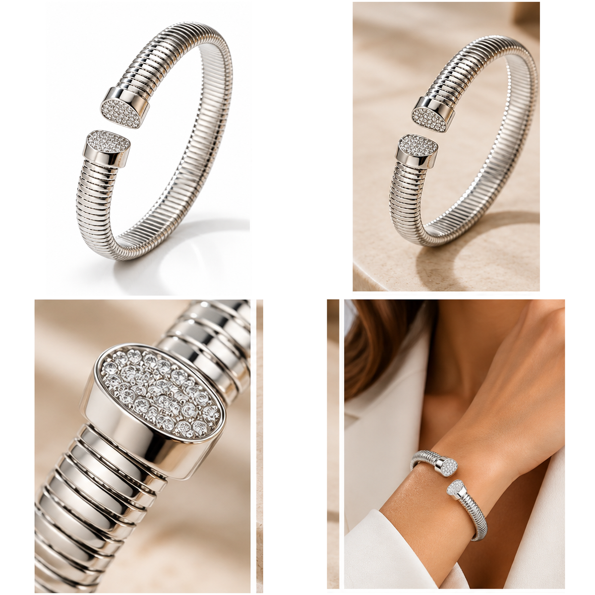 Four view collage of Lyora silver-tone CZ ribbed open cuff bracelet