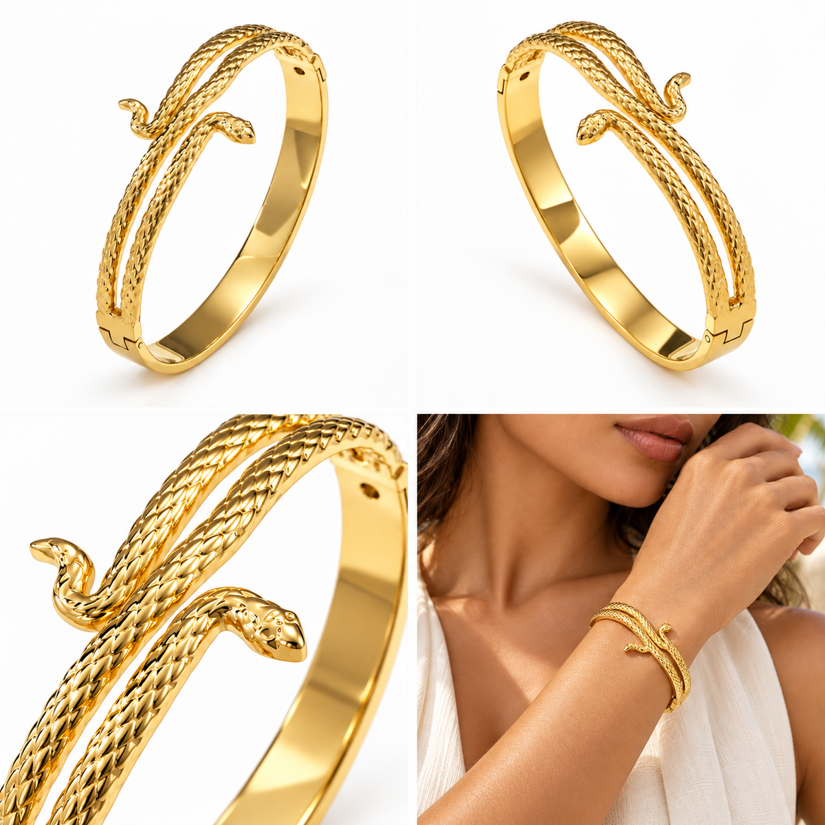 Collage of Lyora gold-tone serpent bangle bracelet studio and lifestyle images