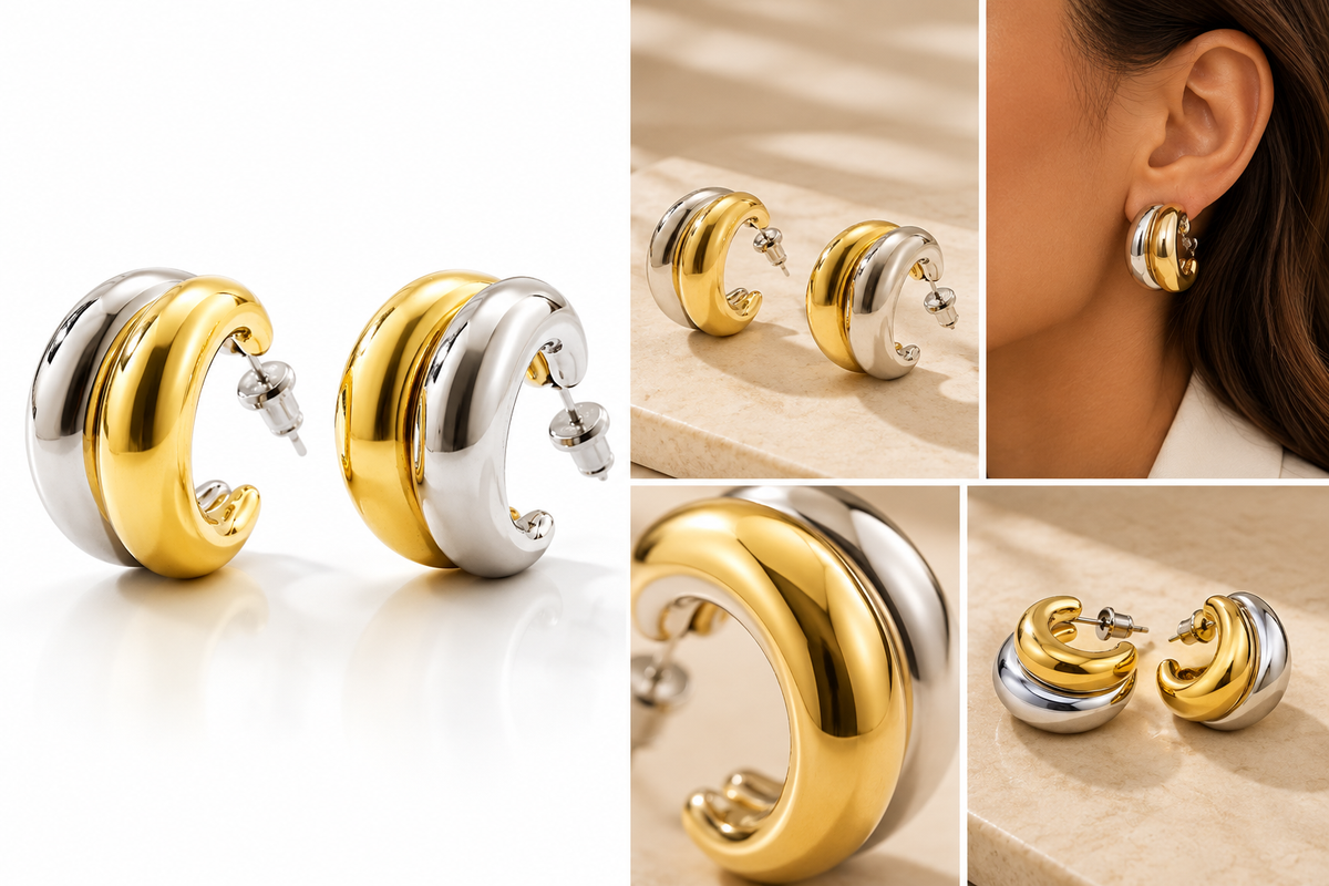 Collage of Lyora two-tone sculptural earrings