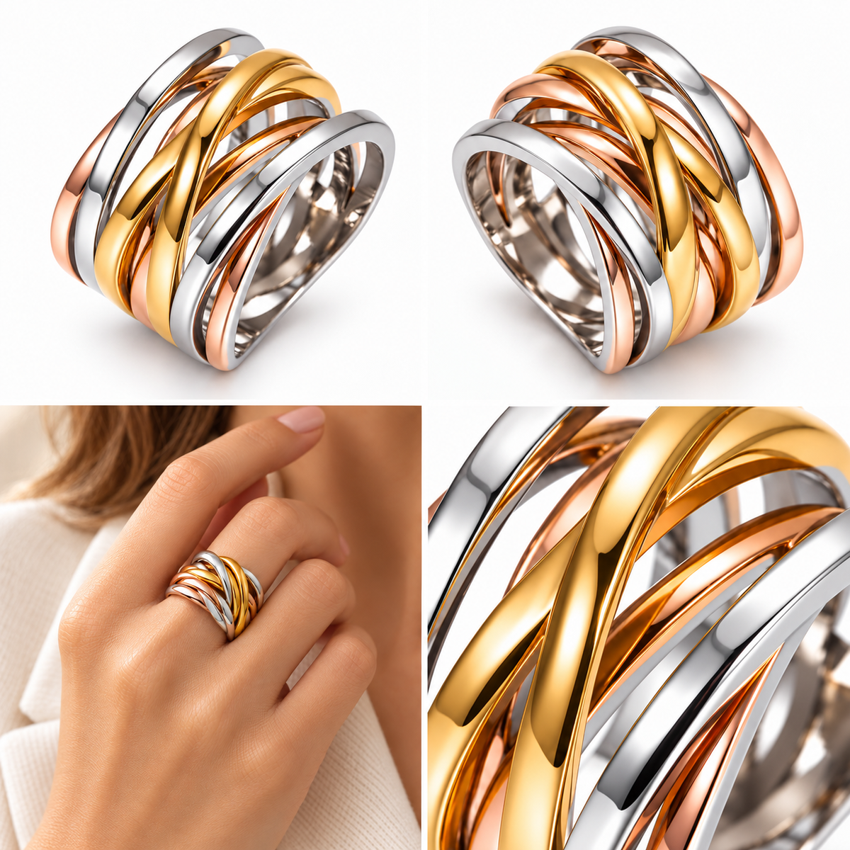 Lyora tri-tone interwoven ring collage