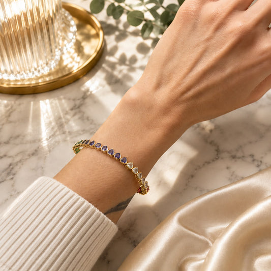 Detail of Lyora Rainbow Heart Tennis Bracelet