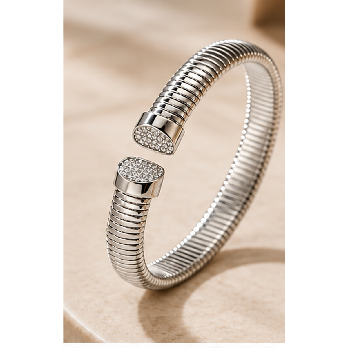 Lyora silver-tone ribbed CZ open cuff bracelet angle view
