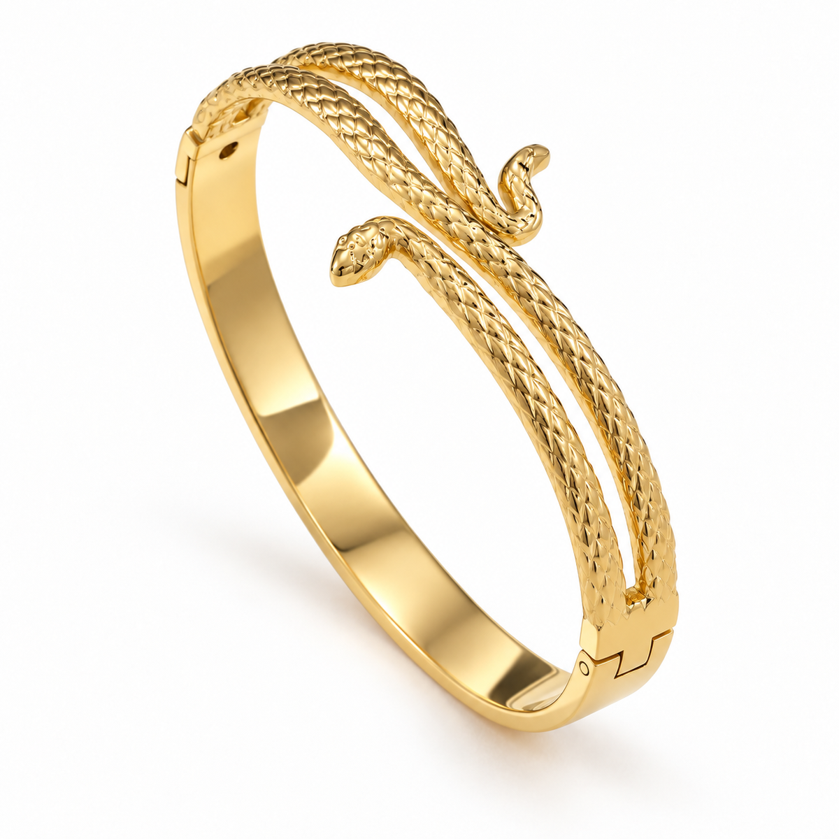 Alternate angle of gold-tone serpent-inspired textured bangle bracelet by Lyora