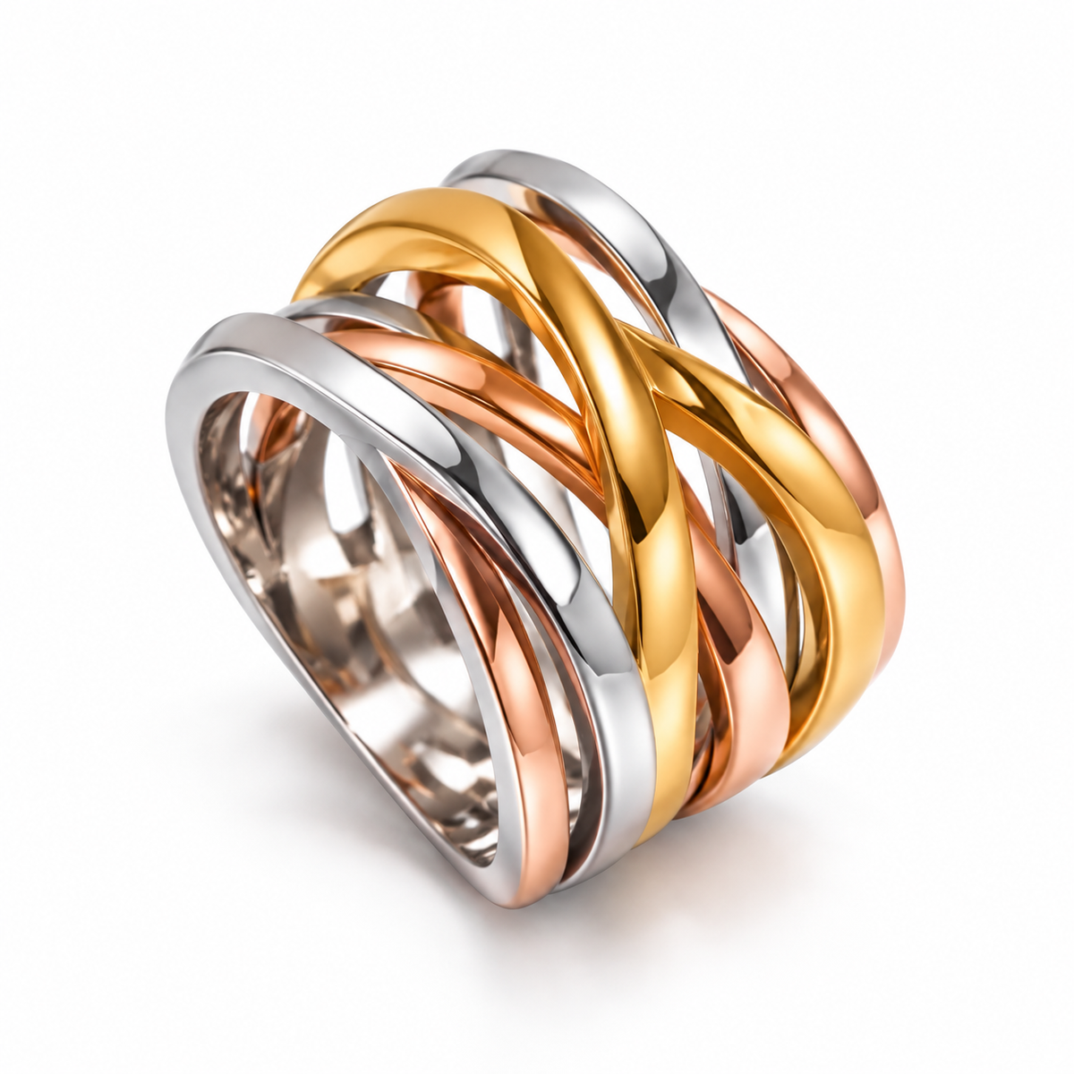 Alternate angle of Lyora tri-tone interwoven ring