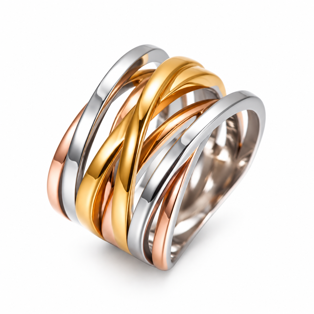 Lyora tri-tone interwoven statement ring isolated on a white background